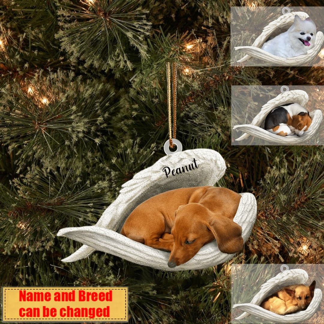 Personalized Photo Dog Loss Memorial Ornament, Sleeping Pet Within Angel Wings - Hanging Ornaments