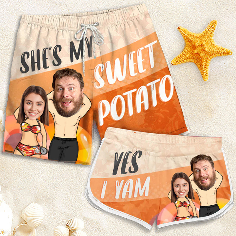 She's My Sweet Potato - Personalized Couple Beach Shorts - Summer Vacation Gift, Birthday Party Gift For Husband Wife