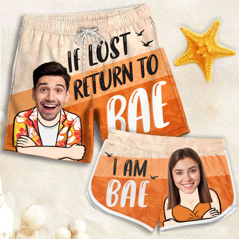 If Lost, Return To Bae - Personalized Couple Beach Shorts - Summer Vacation Gift, Birthday Party Gift For Husband Wife