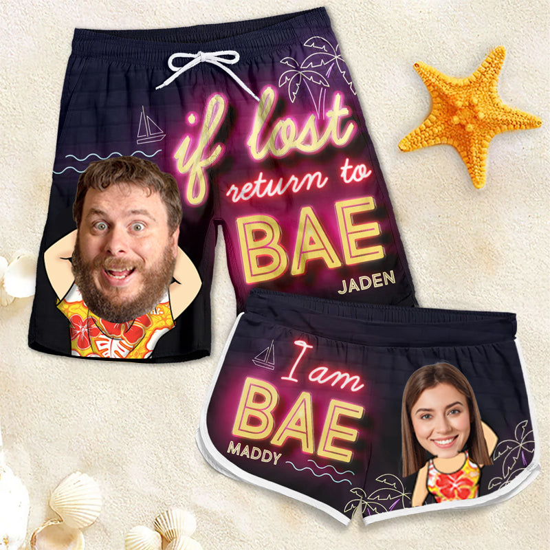 Return To Bae, I'm Bae Beach Couple - Funny Personalized Couple Beach Shorts - Gift For Husband Wife