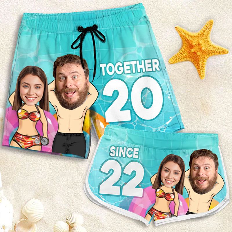 You And Me Together Since - Funny Personalized Aloha Couple Beach Shorts - Summer Vacation Gift, Birthday Party Gift For Husband Wife