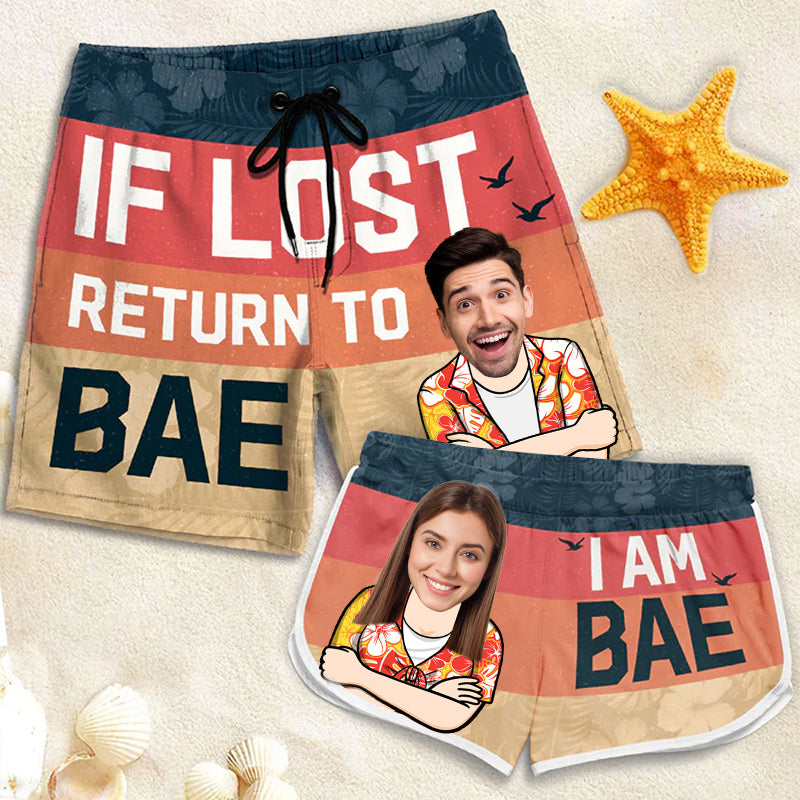 If Lost, Return To My Bae - Personalized Couple Beach Shorts - Summer Vacation Gift, Birthday Party Gift For Husband Wife