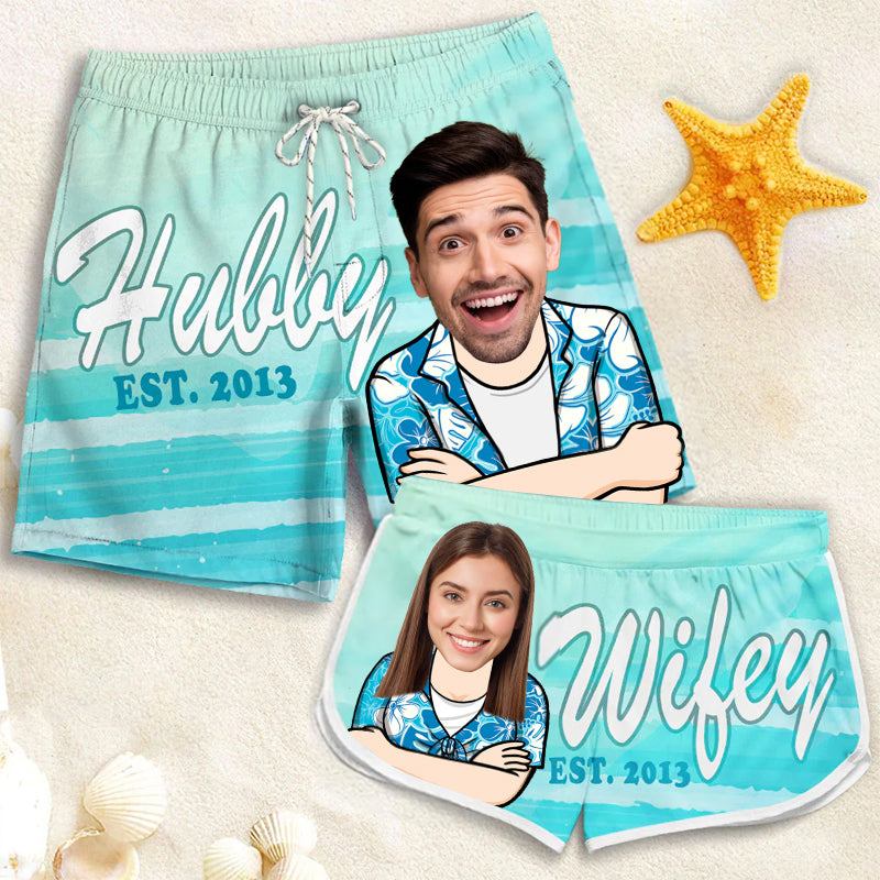 Hubby And Wifey - Personalized Couple Beach Shorts - Summer Vacation Gift, Birthday Party Gift For Husband Wife