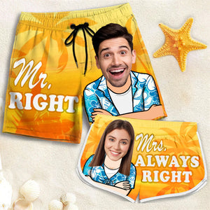 Mr. Right & Mrs. Always Right - Personalized Couple Beach Shorts - Summer Vacation Gift, Birthday Party Gift For Husband Wife