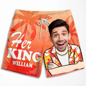 Her King His Queen - Personalized Couple Beach Shorts - Summer Vacation Gift, Birthday Party Gift For Husband Wife