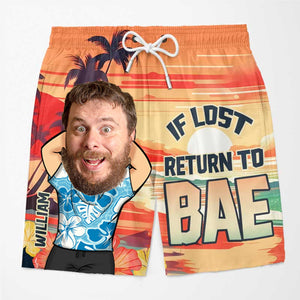 If Lost, Return To My Bae - Funny Personalized Aloha Couple Beach Shorts - Summer Vacation Gift, Birthday Party Gift For Husband Wife