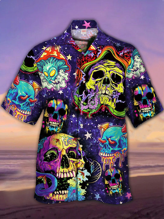 Psychedelic Hippie Neon Retro Doodle Art Sugar Skull Hawaiian Shirt
