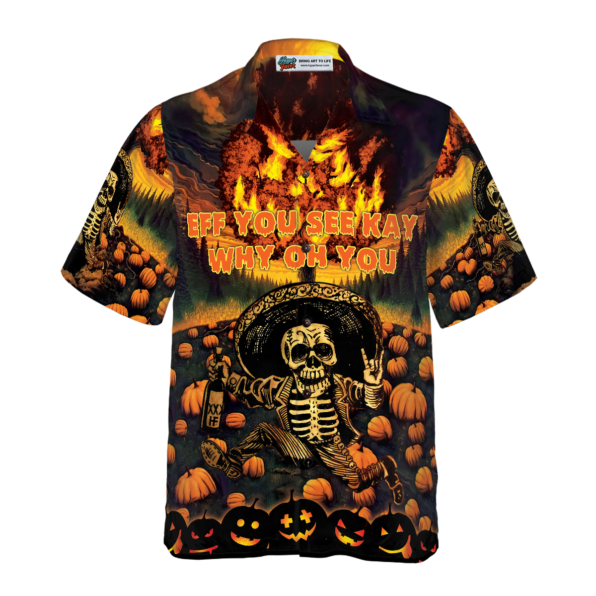 The Burning Pumpkin Sky & Skeleton Halloween Hawaiian Shirt