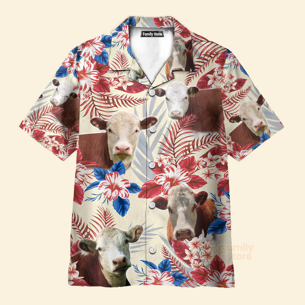 Unique Hereford Cattle Texas Flag Hawaiian Flowers All Over Printed 3D Hawaiian Shirt