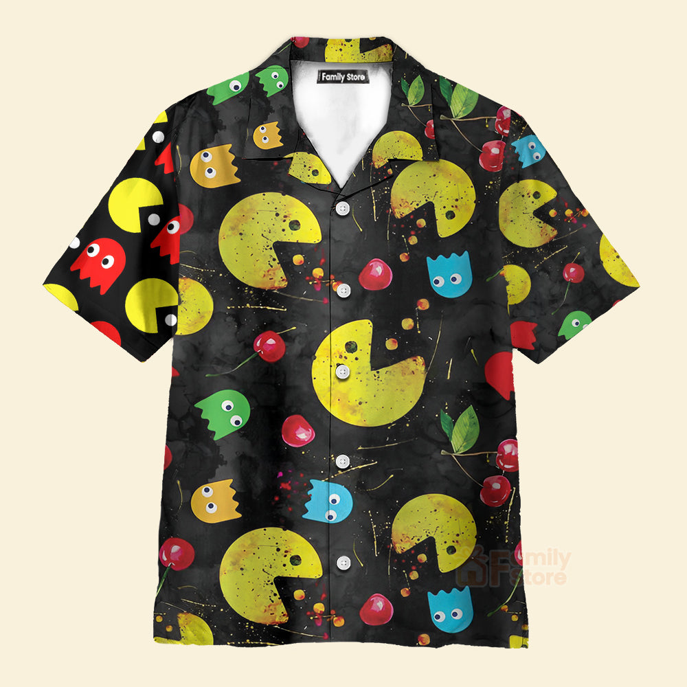 Cartoon Pac-Man Doodle Men'S Short Sleeve Casual Aloha Hawaiian Shirt