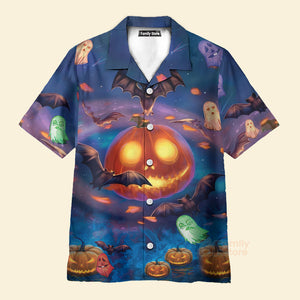 Halloween Glowing Pumpkins By Night With Bat - Hawaiian Shirt