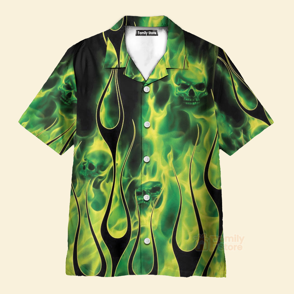 Casual Green Flame Skull Print Aloha Shirt