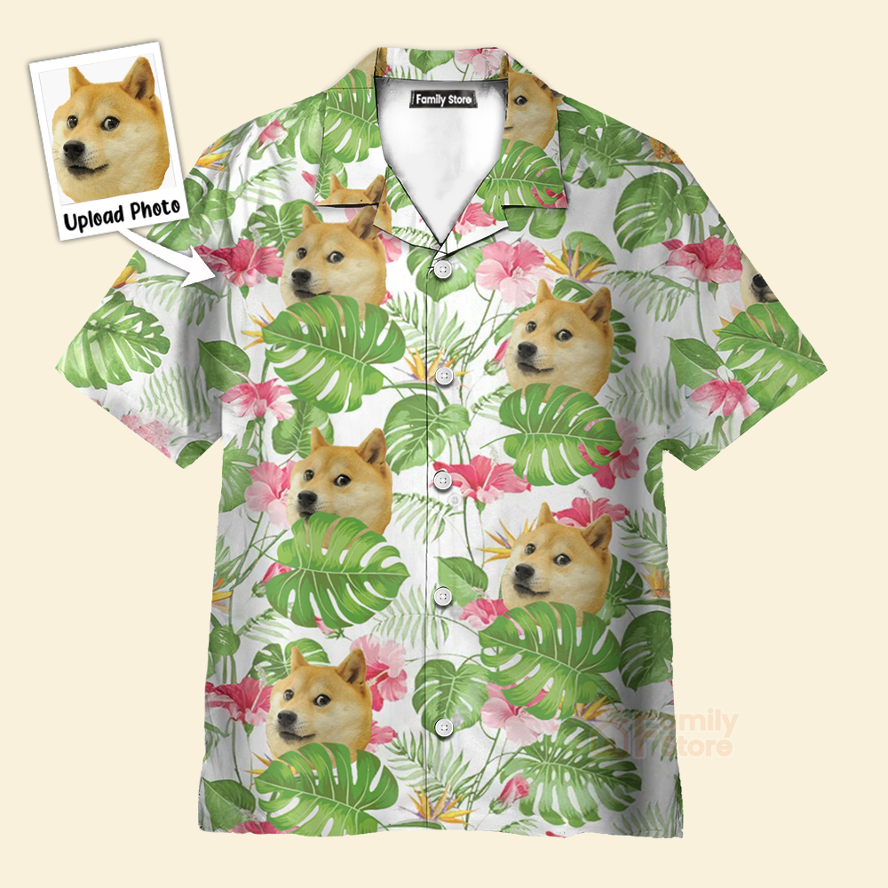 Custom Photo Tropical Leaf With Funny Shiba Dog - Hawaiian Shirt