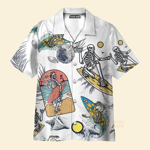 Skeleton Surfing Print Short Sleeve Button Down Shirt