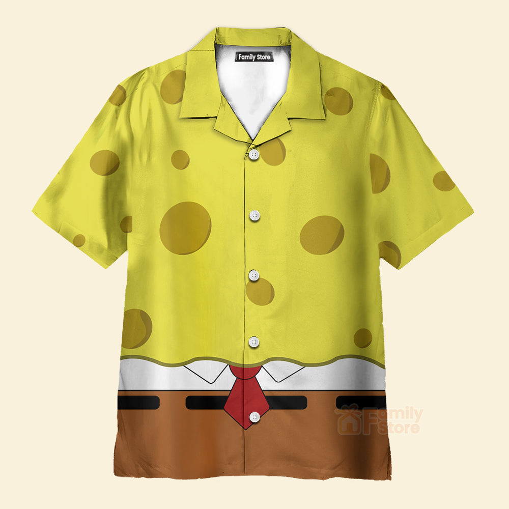 Yellow Sponge Man Cartoon Costume Breast Pocke Hawaiian Shirt