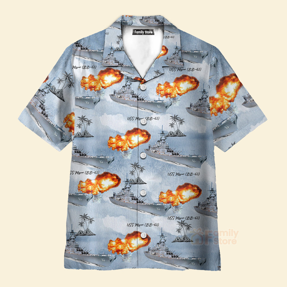 FamilyStore Warship Battleship USS Missouri (BB-63) "Mighty Mo" Palm Tree - Hawaiian Shirt