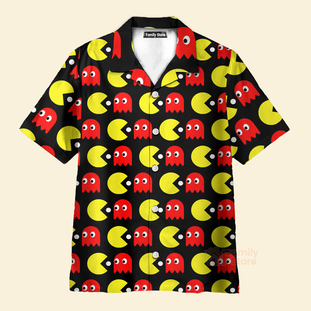 Cartoon PAC-MAN Doodle Men's Short Sleeve Casual Aloha Hawaiian Shirt