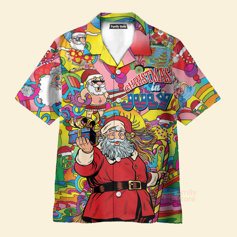 Christmas In July Santa Hippie Sending Gift In Summer Hawaiian Shirt
