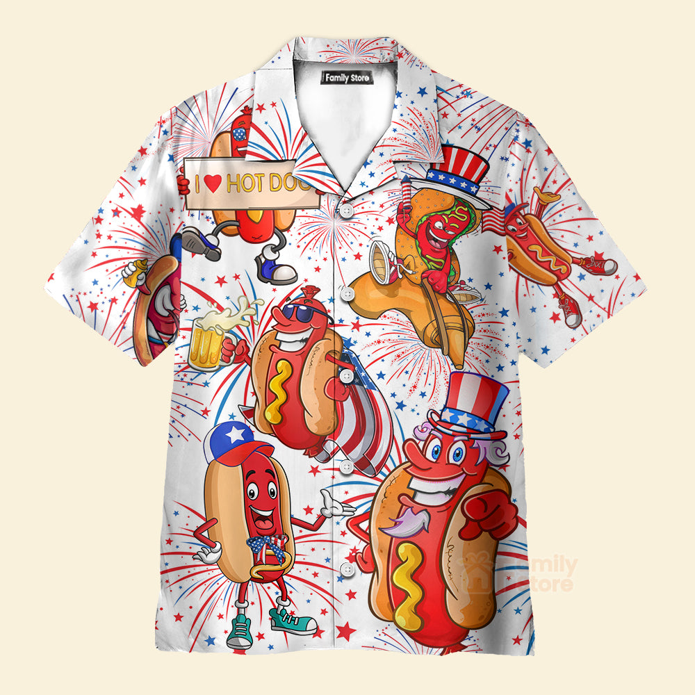 FamilyStore Independence Day 4th of July Funny Hot Dog American Flag Aloha - Hawaiian Shirts