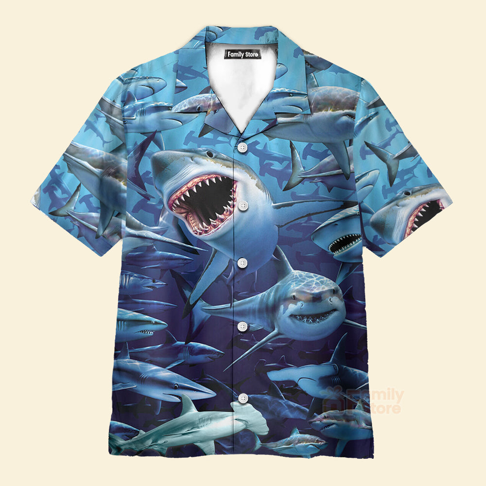 Shark Family Hunting Together Hawaiian Shirt