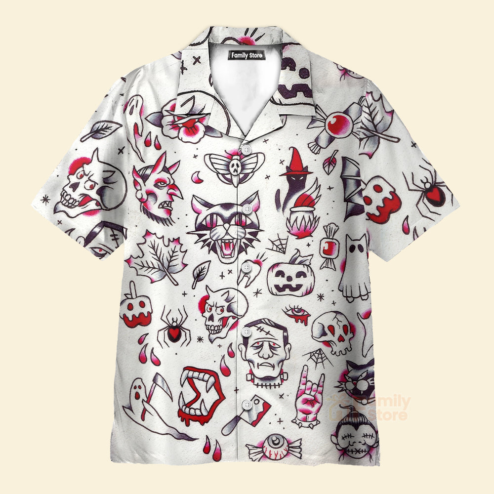 Fun Halloween Elements Tattoo Style Hawaiian Shirt