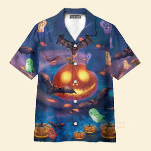 Halloween Glowing Pumpkins By Night With Bat - Hawaiian Shirt