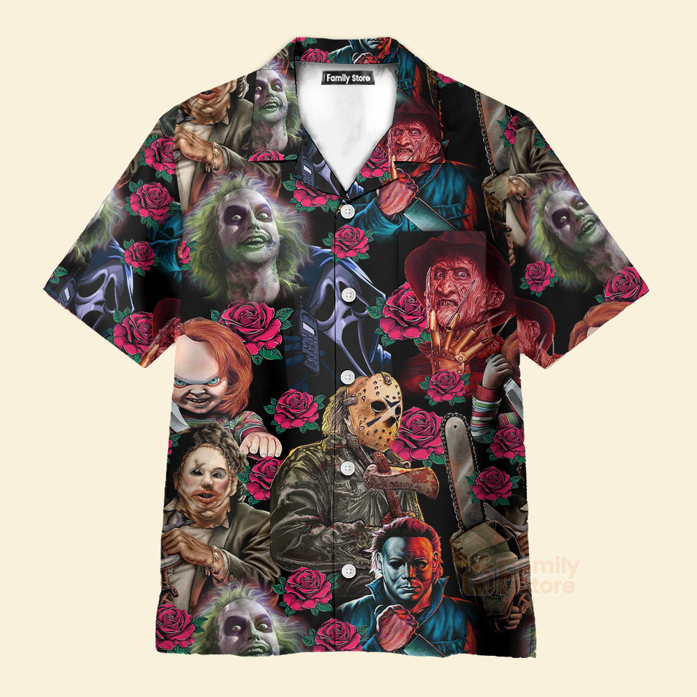 Horror Movie Characters Blood Scary Rose Pattern - Hawaiian Shirt