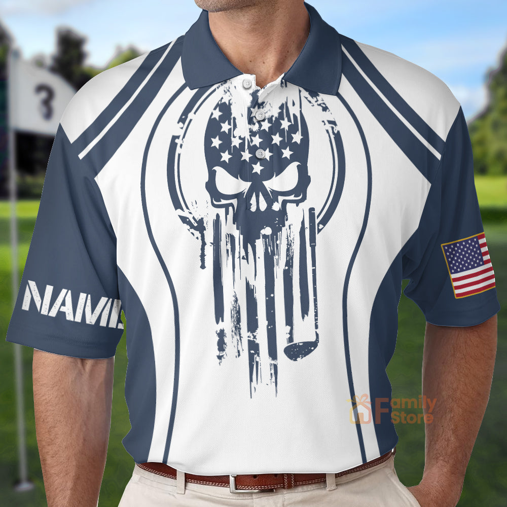 FamilyStore Custom Name Skull Golf Us Flag - Personalized Men Polo
