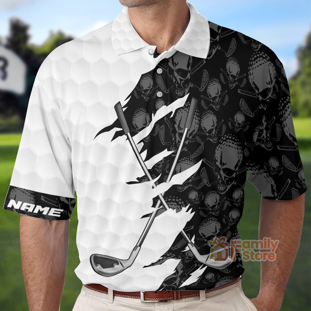 FamilyStore Black And White Skull Pattern Golf - Personalized Men Polo Shirt