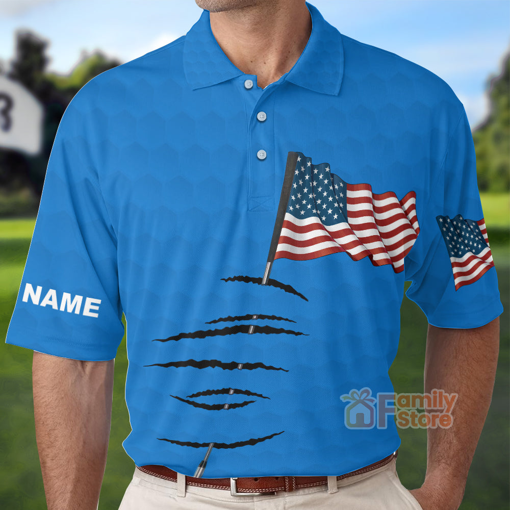 FamilyStore Personalized Custom Name American Flag 4th July Blue Men Golf Polo Shirt