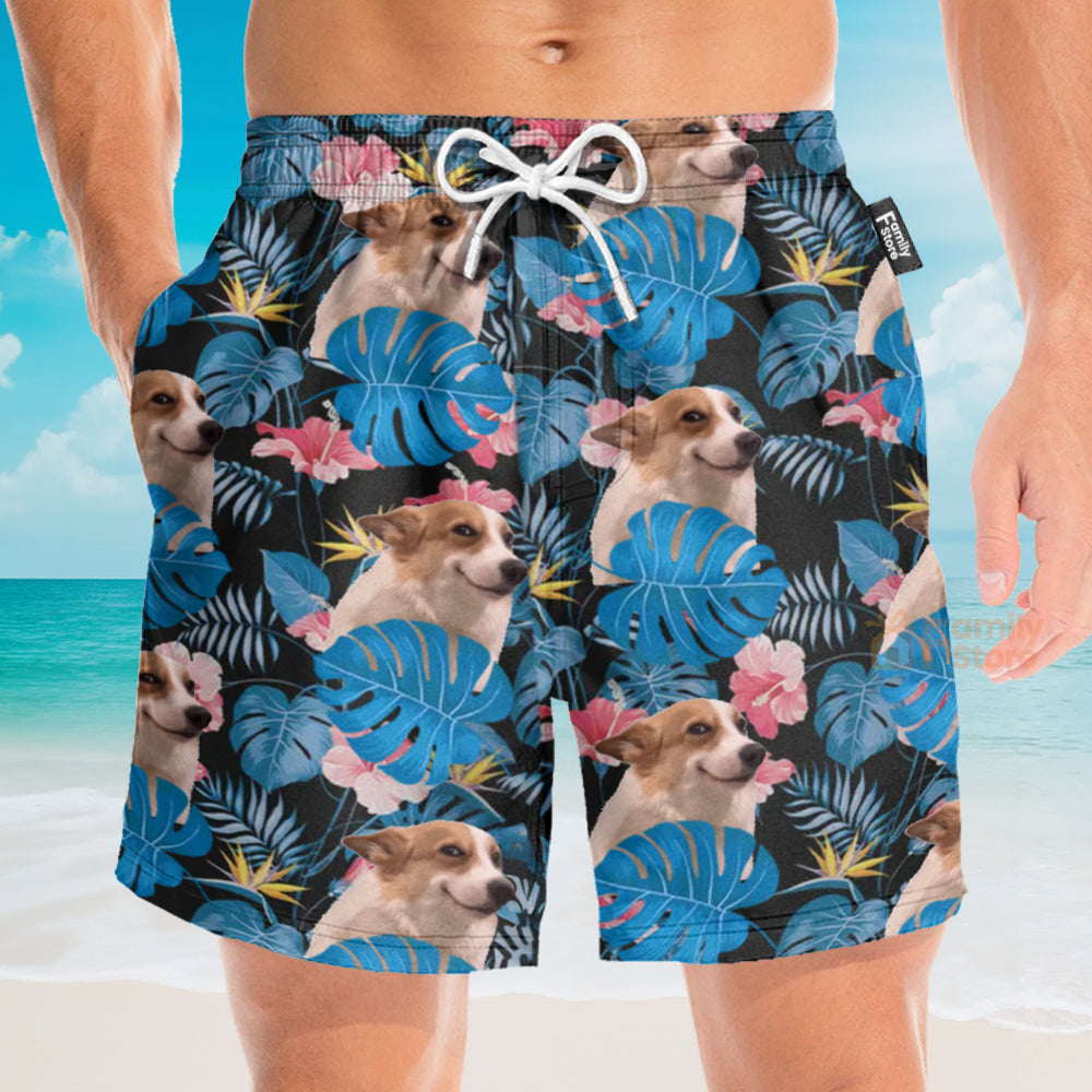 Custom Photo Tropical Leaf With Funny Dog & Cat - Personalized Beach Short