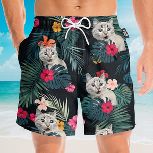 Custom Photo Cat Hibiscus Flower Summer - Personalized Beach Short