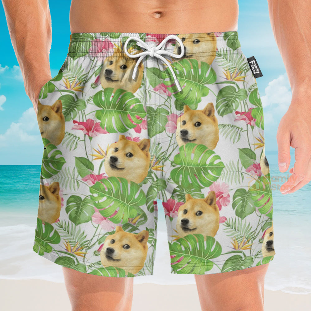 Custom Photo Tropical Leaf With Funny Dog & Cat - Personalized Beach Short