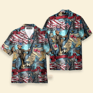 Flag Dinosaur Chest Pocket Short Sleeve Casual Shirt Hawaiian Shirt