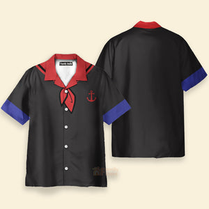 Black Popeye Dress Up Red Bow Tie Print Short Sleeve Aloha Hawaiian Shirt