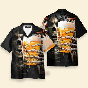 Skeleton Drinking Beer Chest Pocket Short Sleeve Casual Hawaiian Shirt