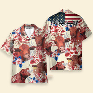 Unique Red Angus Cattle American Flag Flowers Hawaiian Shirt