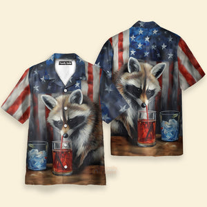 USA Flag Raccoon Chest Pocket Short Sleeve Casual Shirt Hawaiian Shirt