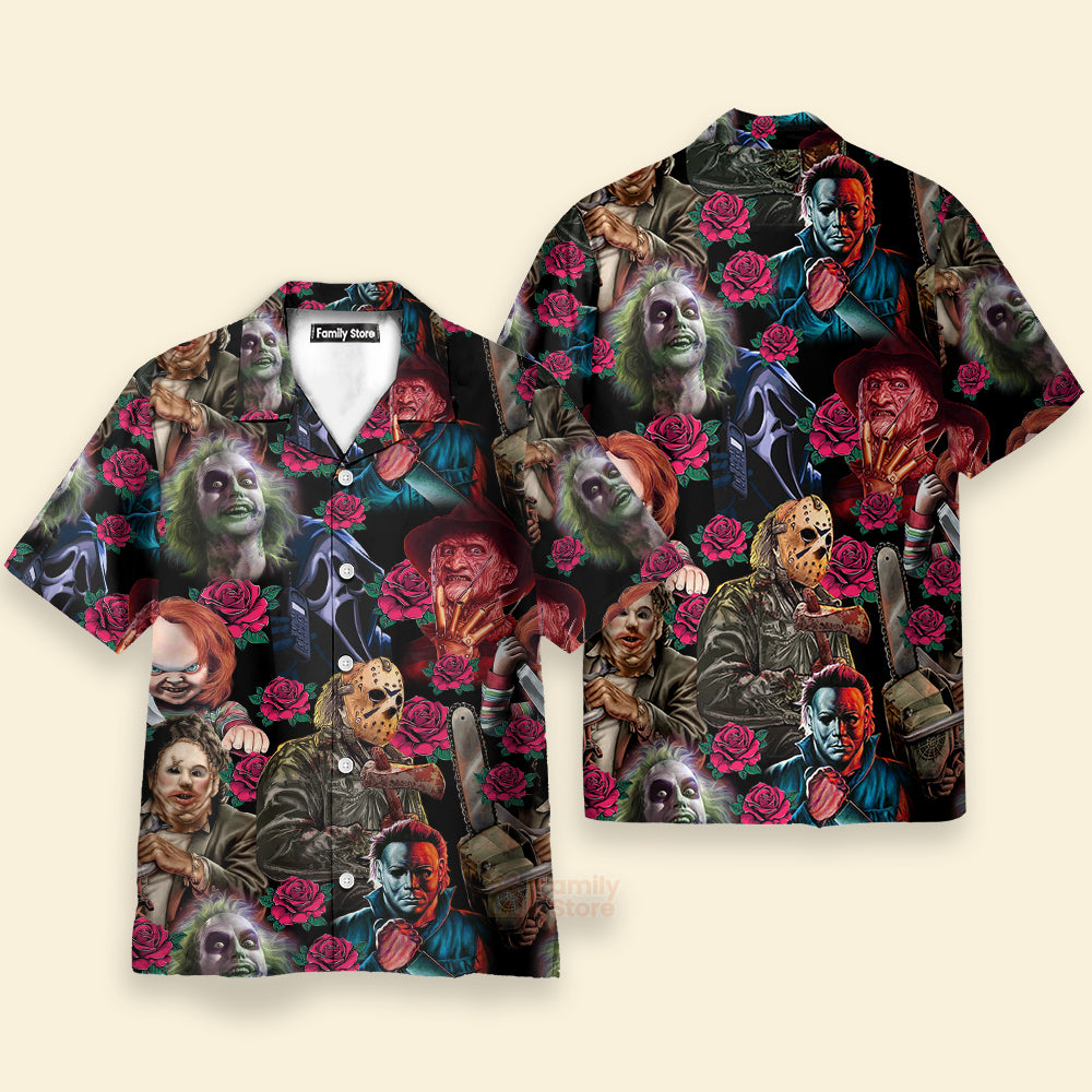 Horror Movie Characters Blood Scary Rose Pattern - Hawaiian Shirt