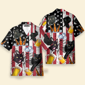 FamilyStore Beer And Black Cat American Flag Vintage - Hawaiian Shirt