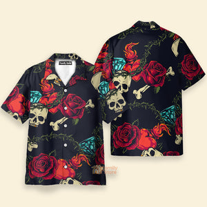 FamilyStore Vintage Black Skull Heart Rose Easy Care - Hawaiian Shirt