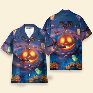 Halloween Glowing Pumpkins By Night With Bat - Hawaiian Shirt