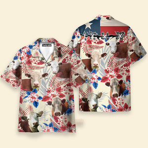 Unique Hereford Cattle Texas Flag Hawaiian Flowers All Over Printed 3D Hawaiian Shirt