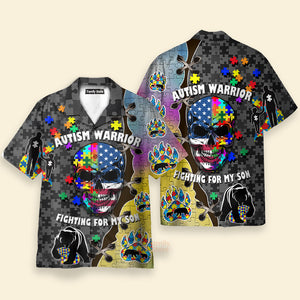 Autism Warrior Fighting For My Son Skull Colorful Puzzle Aloha Hawaiian Shirt