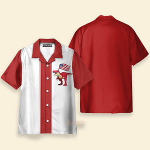 American Flag Dinosaur Chest Pocket Short Sleeve Bowling Shirt Hawaiian Shirt