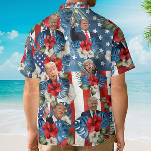 Custom Photo Trump American Flag Tropical Independence Day Hawaii Shirt