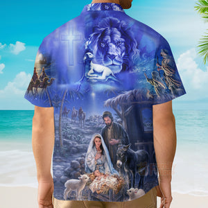 Lion With Jesus Was Born In Farm Blue Aloha Hawaiian Shirts