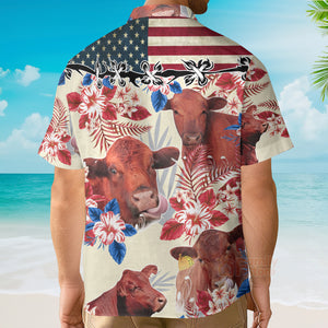 Unique Red Angus Cattle American Flag Flowers Hawaiian Shirt