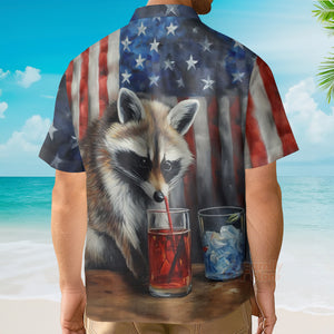 USA Flag Raccoon Chest Pocket Short Sleeve Casual Shirt Hawaiian Shirt