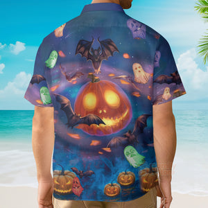 Halloween Glowing Pumpkins By Night With Bat - Hawaiian Shirt